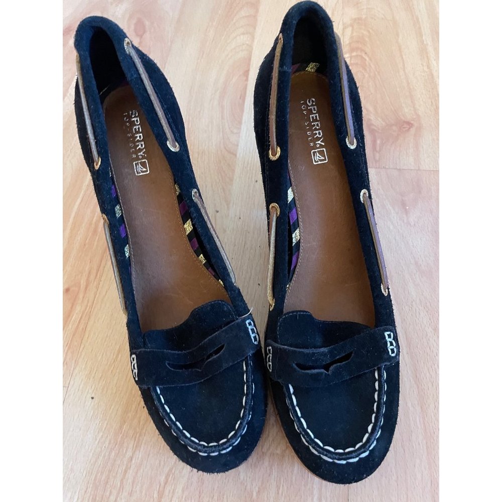 Sperry Topsider Darlington Black Suede High Heel Penny Loafer Boat Shoes Size 10